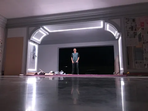 The mockup I built at Tiffany's, with me standing in it (2018)